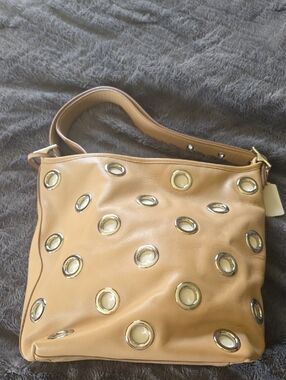 COACH Tan Leather Shoulder Bag with Silver Grommet Accents